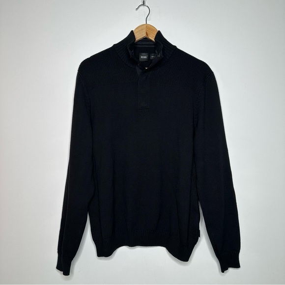 Hugo Boss Black Pampre Virgin Wool 1/4 Button Pullover Sweater Size Large - Picture 1 of 9